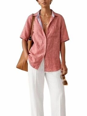 Report Collection Resort pure linen old money coastal red short sleeve top L